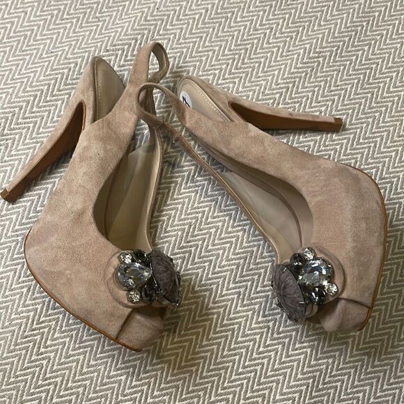 Zara Crystal Embellished Peep Toe Sling Back Heels - Picture 1 of 9